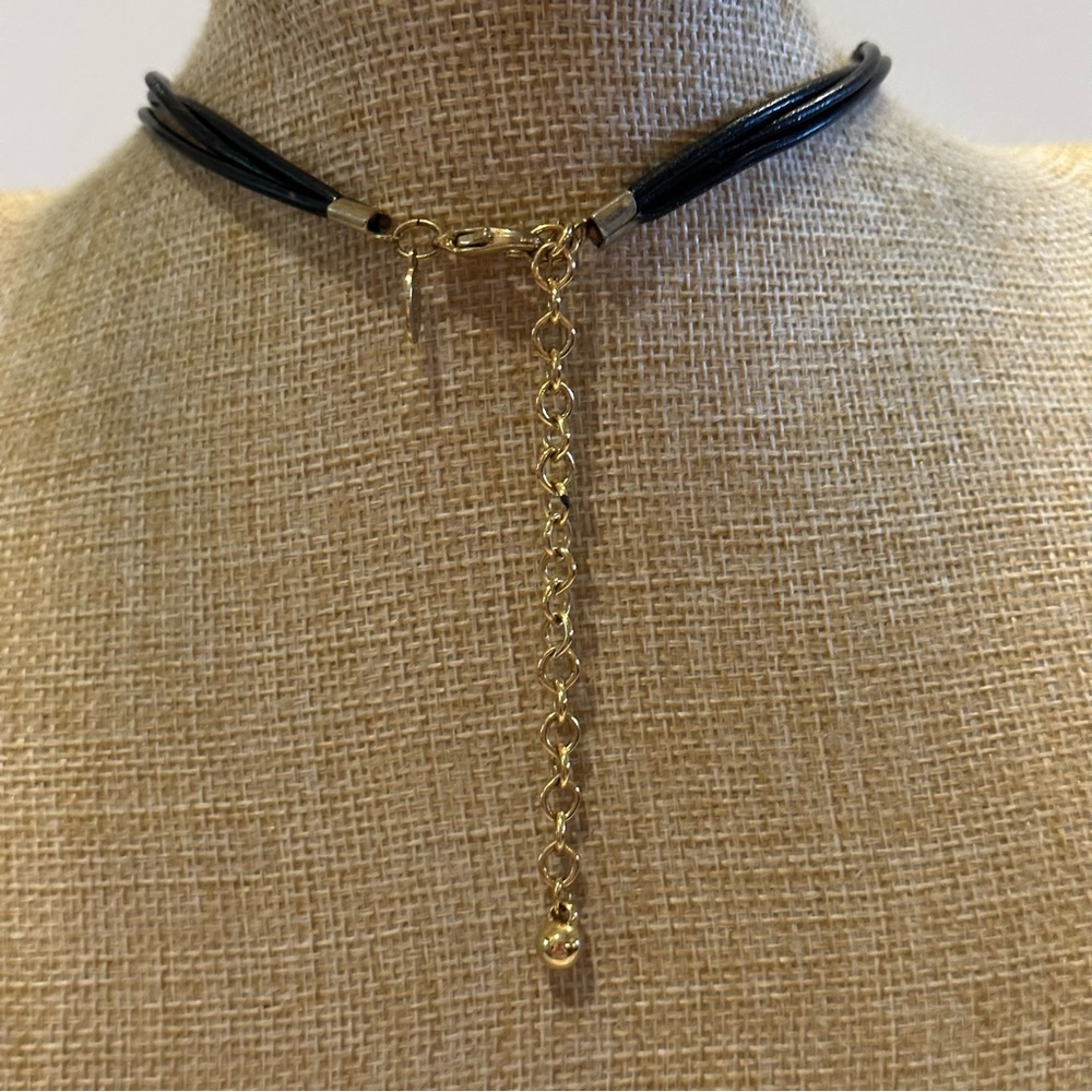 Chico’s Necklace black leather chain w/ round gold pendant w/ black bead center - Picture 10 of 11
